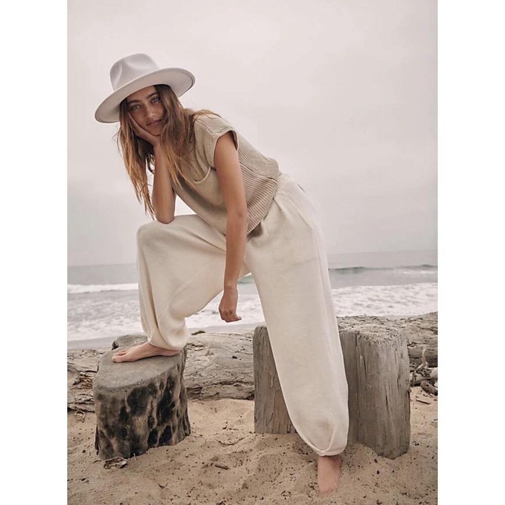 Free People FP Beach Freya Knit Balloon Pants Ivory Cream Pleated Barrel M